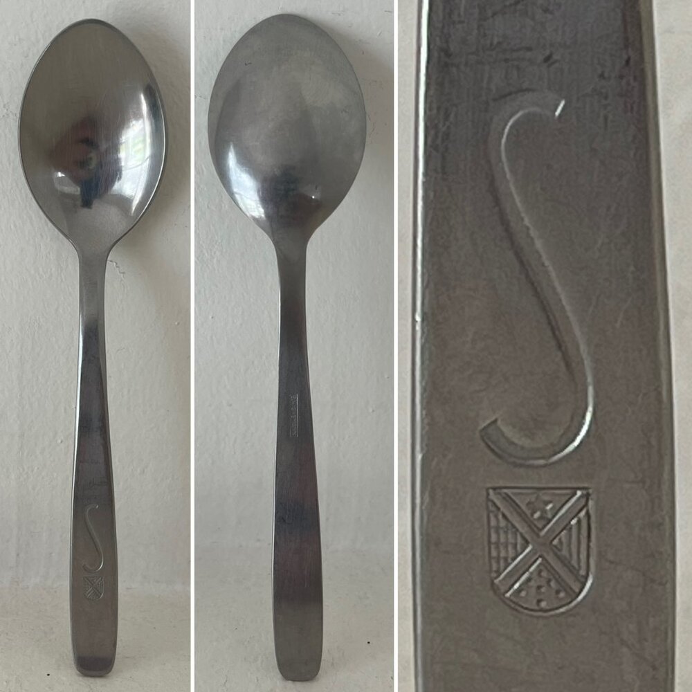 Vtg Stainless Steel Dessert Spoon Letter S Shield Crest Bruno Wiskemann Belgium